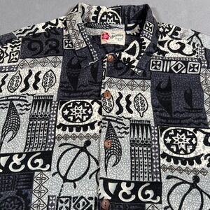 Vintage Hilo Hattie Hawaiian Shirt Patchwork Print Tribal Fish Turtles 3XL Black